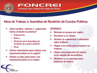 Mesa de Trabajo 2: Asamblea de Rendición de Cuentas Públicas ¿Qué cambios, mejoras o  sugerencias harías al diseño la práctica? Preparación,  Roles y  Dinámica de la Asamblea de rendición de cuentas pública?  Otras ¿Cómo necesitarías para realizar una experiencia piloto en tu región? Diseña un plan para hacer una experiencia piloto en tu región. DINÁMICA Reúnase en grupos por región. Nombren a un relator Anoten sus sugerencias o reflexiones sobre el diseño. Hagan una ronda para proponer sus mejoras. Hagan una propuesta de mejora como equipo de esa práctica. Nombren a un expositor para presentar la mejora.  
