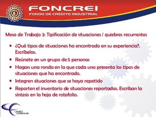 ¿Qué tipos de situaciones ha encontrado en su experiencia?.  Escríbelas. Reúnete en un grupo de 5 personas Hagan una ronda en la que cada uno presenta los tipos de situaciones que ha encontrado. Integren situaciones que se haya repetido Reporten el inventario de situaciones reportadas. Escriban la síntesis en la hoja de rotafolio.  Mesa de Trabajo 3: Tipificación de situaciones / quiebres recurrentes 