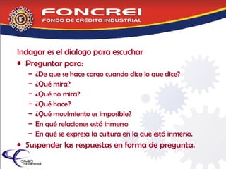 Indagar es el dialogo para escuchar Preguntar para: ¿De que se hace cargo cuando dice lo que dice? ¿Qué mira? ¿Qué no mira? ¿Qué hace? ¿Qué movimiento es imposible? En qué relaciones está inmerso En qué se expresa la cultura en la que está inmerso. Suspender las respuestas en forma de pregunta.  