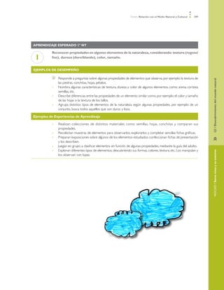 Ámbito Relación con el Medio Natural y Cultural   109




Aprendizaje esperado 1º NT

          Reconocer propiedades en algunos elementos de la naturaleza, considerando: textura (rugoso/
 1        liso), dureza (duro/blando), color, tamaño.


Ejemplos de desempeño

               	   Responde a preguntas sobre algunas propiedades de elementos que observa, por ejemplo: la textura de




                                                                                                                                EJE / Descubrimiento del mundo natural
                   las piedras, conchitas, hojas, pétalos.
          •	       Nombra algunas características de textura, dureza y color de algunos elementos, como: arena, corteza,
                   semillas, etc.
          •	       Describe diferencias entre las propiedades de un elemento similar como, por ejemplo: el color y tamaño
                   de las hojas o la textura de los tallos.
          •	       Agrupa distintos tipos de elementos de la naturaleza según algunas propiedades, por ejemplo: de un
                   conjunto, busca todos aquellos que son duros y lisos.

Ejemplos de Experiencias de Aprendizaje

          •	       Realizan colecciones de distintos materiales como: semillas, hojas, conchitas y comparan sus
                   propiedades.
          •	       Recolectan muestras de elementos para observarlos, explorarlos y completar sencillas fichas gráficas.
          •	       Preparan exposiciones sobre algunos de los elementos estudiados: confeccionan fichas de presentación




                                                                                                                                »	
                   y los describen.
          •	       Juegan en grupo a clasificar elementos en función de algunas propiedades, mediante la guía del adulto.
          •	       Exploran diferentes tipos de elementos, descubriendo sus formas, colores, textura, etc. Los manipulan y




                                                                                                                                NÚCLEO / Seres vivos y su entorno
                   los observan con lupas.
 