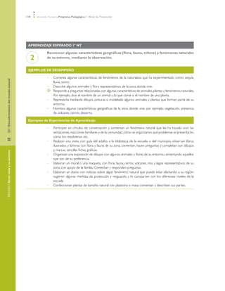 110   Educación Parvularia Programa Pedagógico 1˚ Nivel de Transición




                                          Aprendizaje esperado 1º NT

                                                       Reconocer algunas características geográficas (flora, fauna, relieve) y fenómenos naturales
                                           2           de su entorno, mediante la observación.


                                          Ejemplos de desempeño

                                                       •	       Comenta algunas características de fenómenos de la naturaleza que ha experimentado como: sequía,
EJE / Descubrimiento del mundo natural




                                                                lluvia, sismo.
                                                       •	       Describe algunos animales y flora representativos de la zona donde vive.
                                                            	   Responde a preguntas relacionadas con algunas características de animales, plantas y fenómenos naturales.
                                                                Por ejemplo, dice el nombre de un animal y lo que come o el nombre de una planta.
                                                       •	       Representa mediante dibujos, pinturas o modelado algunos animales y plantas que forman parte de su
                                                                entorno.
                                                       •	       Nombra algunas características geográficas de la zona donde vive, por ejemplo: vegetación, presencia
                                                                de volcanes, cerros, desierto.

                                          Ejemplos de Experiencias de Aprendizaje

                                                       •	       Participan en círculos de conversación y comentan un fenómeno natural que les ha tocado vivir: las
                                                                sensaciones, reacciones familiares y de la comunidad, cómo se organizaron, qué problemas se presentaron,
                                                                cómo los resolvieron, etc.
»	




                                                       •	       Realizan una visita, con guía del adulto, a la biblioteca de la escuela o del municipio, observan libros
                                                                ilustrados y láminas con flora y fauna de su zona, comentan, hacen preguntas y completan con dibujos
                                                                y marcas, sencillas fichas gráficas.
NÚCLEO / Seres vivos y su entorno




                                                       •	       Organizan una exposición de dibujos con algunos animales y flores de su entorno, comentando aquellos
                                                                que son de su preferencia.
                                                       •	       Elaboran un mural o una maqueta, con flora, fauna, cerros, volcanes, ríos y lagos representativos de su
                                                                zona, con apoyo de la familia. Comentan y responden preguntas.
                                                       •	       Elaboran un diario con noticias sobre algún fenómeno natural que puede estar afectando a su región,
                                                                sugieren algunas medidas de protección y resguardo, y lo comparten con los diferentes niveles de la
                                                                escuela.
                                                       •	       Confeccionan plantas de tamaño natural con plasticina o masa: comentan y describen sus partes.
 