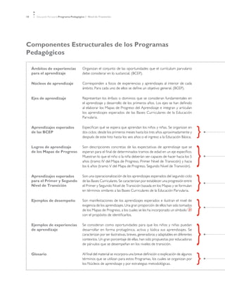 10     Educación Parvularia Programa Pedagógico 1˚ Nivel de Transición




Componentes Estructurales de los Programas
Pedagógicos

     Ámbitos de experiencias                 Organizan el conjunto de las oportunidades que el currículum parvulario
     para el aprendizaje                     debe considerar en lo sustancial. (BCEP).

     Núcleos de aprendizaje                  Corresponden a focos de experiencias y aprendizajes al interior de cada
                                             ámbito. Para cada uno de ellos se define un objetivo general. (BCEP).

     Ejes de aprendizaje                     Representan los énfasis o dominios que se consideran fundamentales en
                                             el aprendizaje y desarrollo de los primeros años. Los ejes se han definido
                                             al elaborar los Mapas de Progreso del Aprendizaje e integran y articulan
                                             los aprendizajes esperados de las Bases Curriculares de la Educación
                                             Parvularia.

     Aprendizajes esperados                  Especifican qué se espera que aprendan los niños y niñas. Se organizan en
     de las BCEP                             dos ciclos: desde los primeros meses hasta los tres años aproximadamente y
                                             después de este hito hasta los seis años o el ingreso a la Educación Básica.

     Logros de aprendizaje                   Son descripciones concretas de las expectativas de aprendizaje que se
     de los Mapas de Progreso                esperan para el final de determinados tramos de edad en un eje específico.
                                             Muestran lo que el niño o la niña deberían ser capaces de hacer hacia los 5
                                             años (tramo IV del Mapa de Progreso, Primer Nivel de Transición) y hacia
                                             los 6 años (tramo V del Mapa de Progreso, Segundo Nivel de Transición).

     Aprendizajes esperados                  Son una operacionalización de los aprendizajes esperados del segundo ciclo
     para el Primer y Segundo                de las Bases Curriculares. Se caracterizan por establecer una progresión entre
     Nivel de Transición                     el Primer y Segundo Nivel de Transición basada en los Mapas y se formulan
                                             en términos similares a las Bases Curriculares de la Educación Parvularia.

     Ejemplos de desempeño                   Son manifestaciones de los aprendizajes esperados e ilustran el nivel de
                                             exigencia de los aprendizajes. Una gran proporción de ellos han sido tomados
                                             de los Mapas de Progreso, a los cuales se les ha incorporado un símbolo
                                             con el propósito de identificarlos.

     Ejemplos de experiencias                Se consideran como oportunidades para que los niños y niñas puedan
     de aprendizaje                          desarrollar en forma protagónica, activa y lúdica sus aprendizajes. Se
                                             caracterizan por ser ilustrativas, breves, generadoras y adaptables en diferentes
                                             contextos. Un gran porcentaje de ellas, han sido propuestas por educadoras
                                             de párvulos que se desempeñan en los niveles de transición.

     Glosario                                Al final del material se incorpora una breve definición o explicación de algunos
                                             términos que se utilizan para estos Programas, los cuales se organizan por
                                             los Núcleos de aprendizaje y por estrategias metodológicas.
 