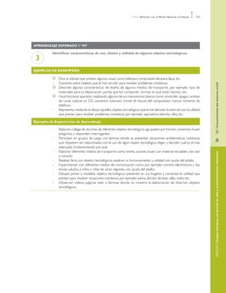 Ámbito Relación con el Medio Natural y Cultural   123




Aprendizaje esperado 1º NT

          Identificar características de uso, diseño y utilidad de algunos objetos tecnológicos.
 3
Ejemplos de desempeño

               	 Dice la utilidad que prestan algunas cosas como: televisor, computador, lámpara, lápiz, etc.
          •	       Comenta sobre objetos que le han servido para resolver problemas cotidianos.




                                                                                                                                 EJE / Conocimiento del entorno social
               	   Describe algunas características de diseño de algunos medios de transporte, por ejemplo: tipo de
                   materiales para su elaboración, partes que los componen, formas en que están hechos, etc.
               	   Hace funcionar aparatos, realizando algunos de sus mecanismos básicos como: encender, apagar, cambiar
                   de canal, colocar un CD, aumentar volumen, mover el mouse del computador, marcar números de
                   teléfono.
          •	       Representa mediante el dibujo aquellos objetos tecnológicos que le han llamado la atención por la utilidad
                   que prestan para resolver problemas cotidianos, por ejemplo: aspiradora, plancha, reloj, etc.

Ejemplos de Experiencias de Aprendizaje

          •	       Elaboran collage de recortes de diferentes objetos tecnológicos agrupados por función, comentan, hacen
                   preguntas y responden interrogantes.
          •	       Participan en grupos de juego con láminas donde se presentan situaciones problemáticas cotidianas




                                                                                                                                 »	
                   que requieren ser solucionadas con el uso de algún objeto tecnológico, eligen y deciden cuál es el más
                   adecuado, fundamentando por qué.
          •	       Elaboran diferentes medios de transporte como: trenes, aviones, buses con material reciclable y los dan




                                                                                                                                 NÚCLEO / Grupos humanos, sus formas de vida y acontecimientos relevantes
                   a conocer.
          •	       Realizan feria con objetos tecnológicos, explican su funcionamiento y utilidad con ayuda del adulto.
          •	       Experimentan con diferentes medios de comunicación como, por ejemplo: correos electrónicos y fax,
                   envían saludos a niños y niñas de otras regiones, con ayuda del adulto.
          •	       Dibujan, pintan o modelan objetos tecnológicos presentes en sus hogares y comentan la utilidad que
                   prestan para resolver situaciones cotidianas, por ejemplo: parka, abridor de latas, ollas, radio, etc.
          •	       Observan videos, páginas web o láminas donde se muestra la elaboración de diversos objetos
                   tecnológicos.
 