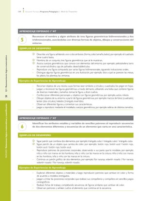 134   Educación Parvularia Programa Pedagógico 1˚ Nivel de Transición




                                                           Aprendizaje esperado 1º NT

                                                                        Reconocer el nombre y algún atributo de tres figuras geométricas bidimensionales y dos
                                                            5           tridimensionales, asociándolas con diversas formas de objetos, dibujos y construcciones del
                                                                        entorno.

                                                           Ejemplos de desempeño

                                                                             	   Describe una figura, señalando uno o dos atributos (forma, color, tamaño, lados), por ejemplo: el cuadrado
EJE / Razonamiento lógico-matemático




                                                                                 tiene cuatro lados.
                                                                             	   Nombra, de un conjunto, tres figuras geométricas que se le muestran.
                                                                             	   Asocia cuerpos geométricos que conoce con elementos del entorno, por ejemplo: pelota/esfera; tarro
                                                                                 de conserva/cilindro; caja de pañuelos desechables/cubo.
                                                                        •	       Reproduce una figura compuesta por varias figuras bidimensionales, siguiendo indicaciones orales.
                                                                        •	       Distingue algunas figuras geométricas en una ilustración, por ejemplo: dice a qué se parecen las mesas,
                                                                                 los platos, los planetas, las ventanas.

                                                           Ejemplos de Experiencias de Aprendizaje

                                                                        •	       Recortan objetos de una revista cuyas formas sean similares a círculos y cuadrados, los pegan en hojas.
                                                                        •	       Juegan a reconocer las figuras geométricas a través del tacto, utilizando una bolsa que contiene figuras
                                                                                 de diversos materiales y tamaños, toman la figura y dicen cuál es.
                                                                        •	       Confeccionan diferentes personajes u objetos con figuras geométricas, por ejemplo, autos, robots.
»	




                                                                        •	       Dibujan objetos de su entorno a partir de figuras geométricas, por ejemplo: marcos de fotos (cuadrado),
                                                                                 lentes (dos círculos), helados (triángulo invertido).
                                                                        •	       Observan diferentes figuras y comentan sus características.
NÚCLEO / Relaciones lógico-matemáticas y cuantificación




                                                                        •	       Juegan a reproducir, mediante el modelado, cuerpos geométricos, por ejemplo: esferas de distintos tamaños.



                                                           Aprendizaje esperado 1º NT

                                                                        Identificar los atributos estables y variables de sencillos patrones al reproducir secuencias
                                                            6           de dos elementos diferentes y secuencias de un elemento que varía en una característica.


                                                           Ejemplos de desempeño

                                                                             	   Sigue patrón que combina dos elementos, por ejemplo: triángulo, cubo / triángulo, cubo / triángulo, cubo.
                                                                             	   Sigue patrón de un objeto que cambia de color, por ejemplo: botón rojo, botón azul / botón rojo,
                                                                                 botón azul / botón rojo, botón azul.
                                                                        •	       Reproduce patrones de posiciones corporales, observando a sus pares que lo modelan, por ejemplo:
                                                                                 niña o niño con manos en los hombros, niña o niño con las manos en la cintura, niña o niño con manos
                                                                                 en los hombros, niña o niño con las manos en la cintura.
                                                                        •	       Continúa un patrón gráfico de dos elementos, por ejemplo: flor naranja, volantín rosado / flor naranja,
                                                                                 volantín rosado / flor naranja, volantín rosado.

                                                           Ejemplos de Experiencias de Aprendizaje

                                                                        •	       Exploran diferentes objetos y materiales y luego reproducen patrones que cambian en color y forma
                                                                                 de acuerdo a modelos entregados.
                                                                        •	       Juegan a imitar las posiciones corporales que realizan sus compañeros y compañera en sencillos juegos
                                                                                 coreográficos.
                                                                        •	       Realizan fichas de trabajo, completando secuencias de figuras similares que cambian de color.
                                                                        •	       Observan patrones y señalan cuál es el elemento que continúa en la secuencia.
 