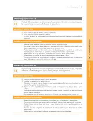 Ámbito Comunicación       83




Aprendizaje esperado 1º NT

          Producir diferentes trazos de distintos tamaños, extensión y dirección, intentando respetar
11        las características convencionales básicas de la escritura.


Ejemplos de desempeño

               	   Traza arabescos libres de distintos tamaños y extensión.
               	   Traza líneas onduladas de izquierda a derecha.
          •	       Une una secuencia de puntos para trazar diferentes líneas, intentando mantener continuidad en la
                   trayectoria.




                                                                                                                                    EJE / Iniciación a la escritura
Ejemplos de Experiencias de Aprendizaje

          •	       Juegan a realizar diferentes trazos con lápices en grandes formatos de papel.
          •	       Completan trayectorias con lápices, plumones o tizas, siguiendo circuitos y laberintos, en distintos formatos:
                   pizarras, papelógrafos, cerámicos, hojas, cuadernos, cartones con mica.
          •	       Realizan trayectorias libres en distintos formatos, imitando, por ejemplo: la erupción de un volcán, la ruta
                   de escaladores en una montaña, los saltos de una cabra, el recorrido de un gusano, otros.
          •	       Realizan fichas de trabajo grafomotor, experimentando con trazos, letras, signos, números.
          •	       Experimentan con pizarras de plástico, diferentes tipos de trazos, letras y otros.
          •	       Confeccionan etiquetas de formatos amplios con líneas y vocales prepunteadas y otros complementos




                                                                                                                                    »	
                   para rotular algunos materiales de uso común en la sala.




                                                                                                                                    NÚCLEO / Lenguaje verbal
Aprendizaje esperado 1º NT

          Representar gráficamente mensajes simples con la intención de comunicar algo por escrito,
12        utilizando con libertad algunos signos, marcas, dibujos, letras y palabras.


Ejemplos de desempeño

               	   Copia su nombra intentando seguir la forma de las letras.
               	   Copia las vocales intentando seguir su forma.
          •	       Completa con signos, marcas, dibujos, letras y palabras, algunos formatos como: invitaciones de
                   cumpleaños, tarjetas de saludos y otros.
               	   Escribe en forma espontánea, experimentando con la escritura de marcas, dibujos, letras y signos
                   propios.
          •	       Copia letras de diversos tamaños de acuerdo a un modelo (cursivas o imprenta) en tarjetas, cuadernos,
                   afiches, tableros, calendarios.
          •	       Completa letras, uniendo secuencia de puntos, en afiches, láminas, tarjetas, carpetas y cuadernos.

Ejemplos de Experiencias de Aprendizaje

          •	       R
                   	 ealizan invitaciones para sus compañeros y compañeras para su cumpleaños o celebraciones.
          •	       C
                   	 onfeccionan cédulas, tarjetas de identidad, tarjetas para la biblioteca de la sala, copiando su nombre.
          •	       R
                   	 ealizan hoja de vida, se dibujan a sí mismo y copian datos como su nombre, apellido, edad, color de
                   pelo, altura.
          •	       E
                   	 laboran etiquetas o registros de presentación de trabajos plásticos para el montaje de sencillas
                   exposiciones.
          •	       R
                   	 ealizan afiches, dípticos, folletos, utilizando letras y signos para comunicar sus ideas.
 