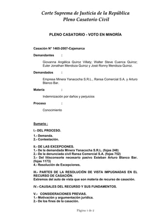 CCoorrttee  SSuupprreemmaa  ddee  JJuussttiicciiaa  ddee  llaa  RReeppúúbblliiccaa  
  PPlleennoo  CCaassaattoorriioo  CCiivviill  
PLENO CASATORIO - VOTO EN MINORÍA
Casación N° 1465-2007-Cajamarca
Demandantes :
Giovanna Angélica Quiroz Villaty; Walter Steve Cuenca Quiroz;
Euler Jonathan Mendoza Quiroz y José Ronny Mendoza Quiroz.
Demandados :
Empresa Minera Yanacocha S.R.L., Ransa Comercial S.A. y Arturo
Blanco Bar.
Materia :
Indemnización por daños y perjuicios
Proceso :
Conocimiento
Sumario :
I.- DEL PROCESO.
1.- Demanda.
2.- Contestación.
II.- DE LAS EXCEPCIONES.
1.- De la demandada Minera Yanacocha S.R.L. (fojas 248)
2.- De la denunciada civil Ransa Comercial S.A. (fojas 752)
3.- Del litisconsorte necesario pasivo Esteban Arturo Blanco Bar.
(fojas 1173)
4.- Resolución de Excepciones.
III.- PARTES DE LA RESOLUCIÓN DE VISTA IMPUGNADAS EN EL
RECURSO DE CASACIÓN.
Extremos del auto de vista que son materia de recurso de casación.
IV.- CAUSALES DEL RECURSO Y SUS FUNDAMENTOS.
V.- CONSIDERACIONES PREVIAS.
1.- Motivación y argumentación jurídica.
2.- De los fines de la casación.
Página 1 de 2
 