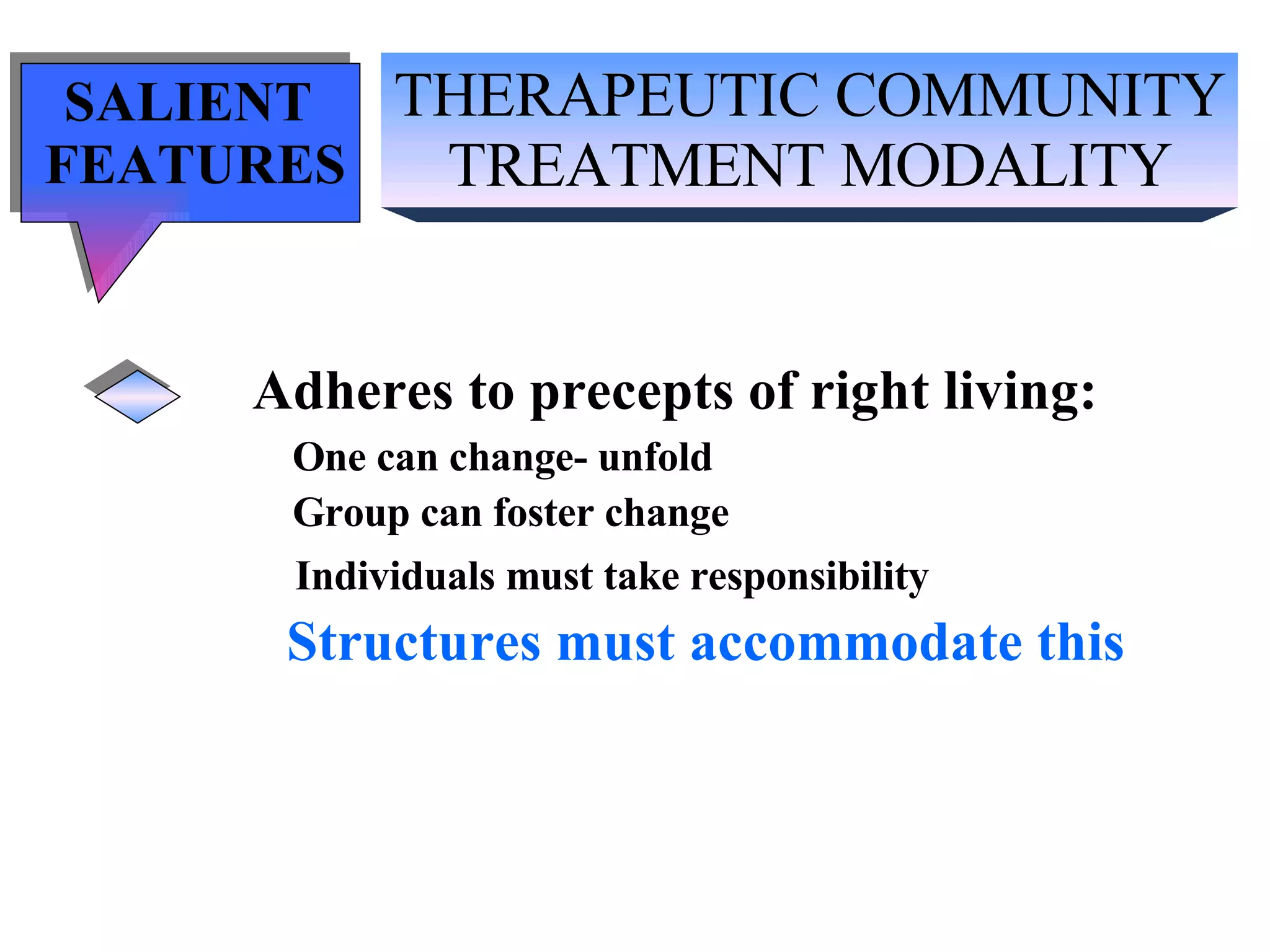 THERAPEUTIC COMMUNITY TREATMENT MODALITY SALIENT  FEATURES Adheres to precepts of right living: One can change- unfold Group can foster change Individuals must take responsibility Structures must accommodate this 