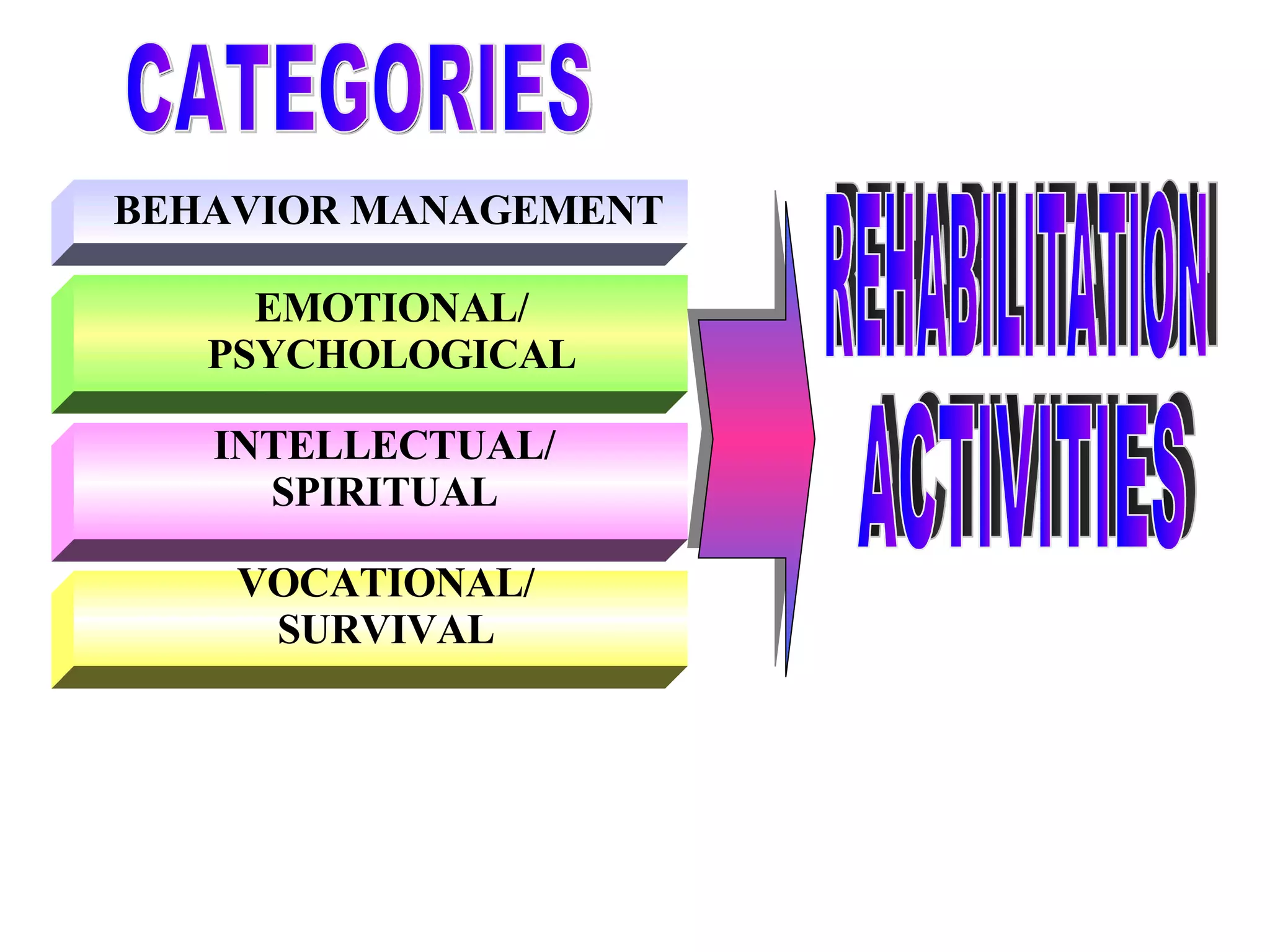 BEHAVIOR MANAGEMENT EMOTIONAL/ PSYCHOLOGICAL INTELLECTUAL/ SPIRITUAL VOCATIONAL/ SURVIVAL CATEGORIES REHABILITATION ACTIVITIES 