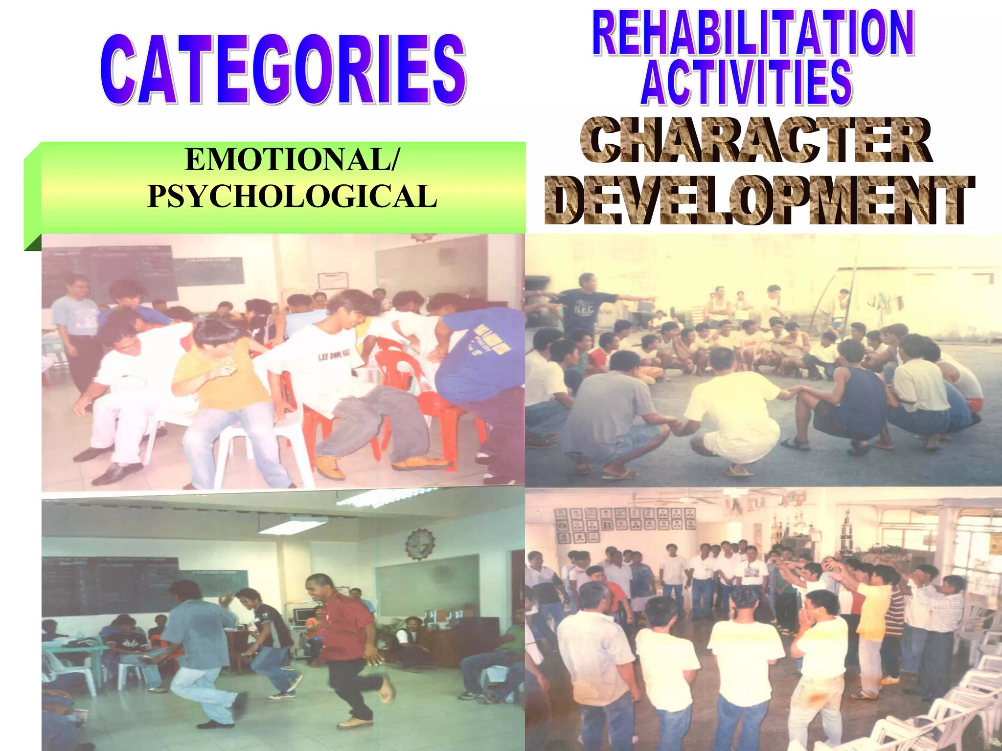 EMOTIONAL/ PSYCHOLOGICAL CATEGORIES CHARACTER DEVELOPMENT REHABILITATION ACTIVITIES 