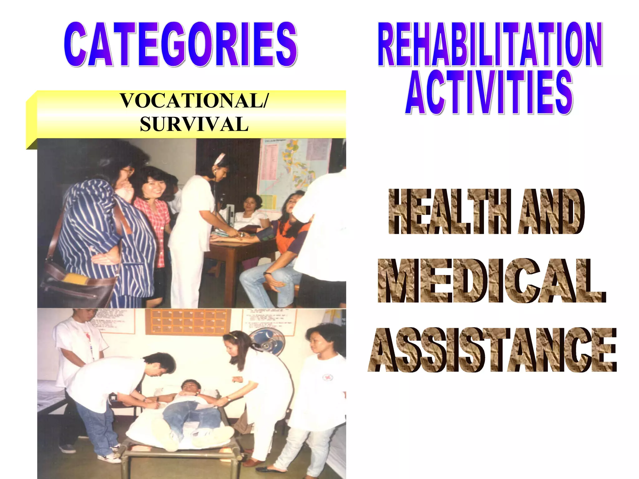 VOCATIONAL/ SURVIVAL CATEGORIES HEALTH AND MEDICAL ASSISTANCE REHABILITATION ACTIVITIES 