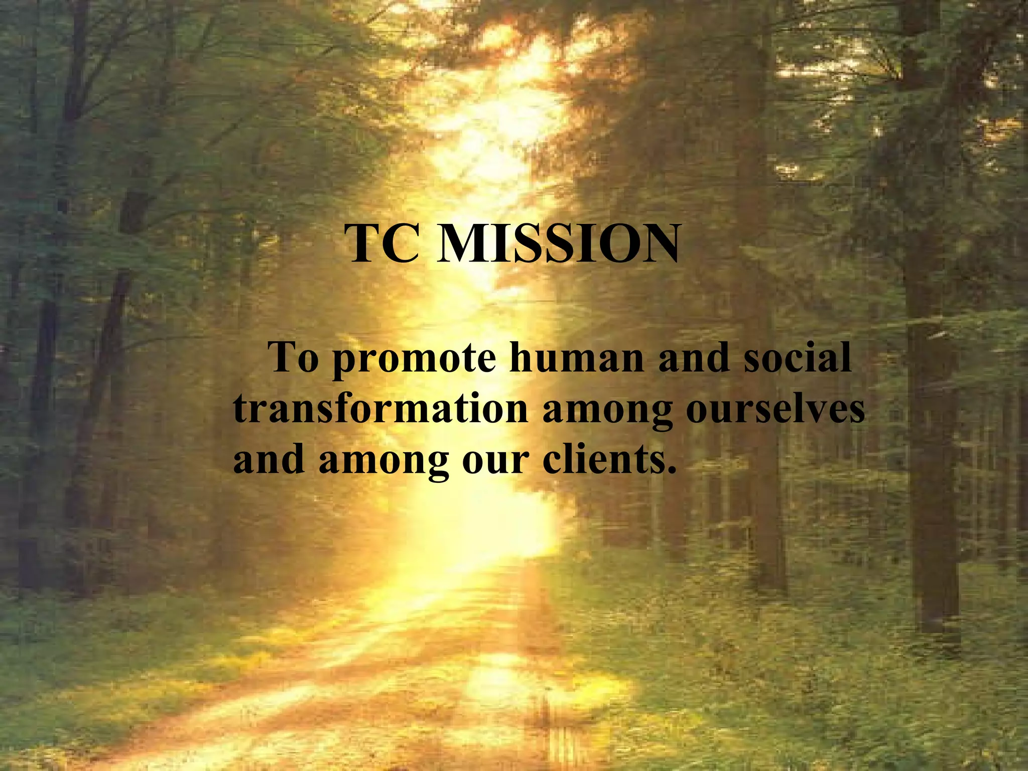 TC MISSION To promote human and social transformation among ourselves  and among our clients. 