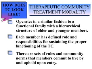 THERAPEUTIC COMMUNITY TREATMENT MODALITY Operates in a similar fashion to a  functional family with a hierarchical structure of older and younger members. Each member has defined role and  responsibilities for sustaining the proper functioning of the TC. HOW DOES TC LOOK LIKE? There are sets of rules and community  norms that members commit to live by  and uphold upon entry. 