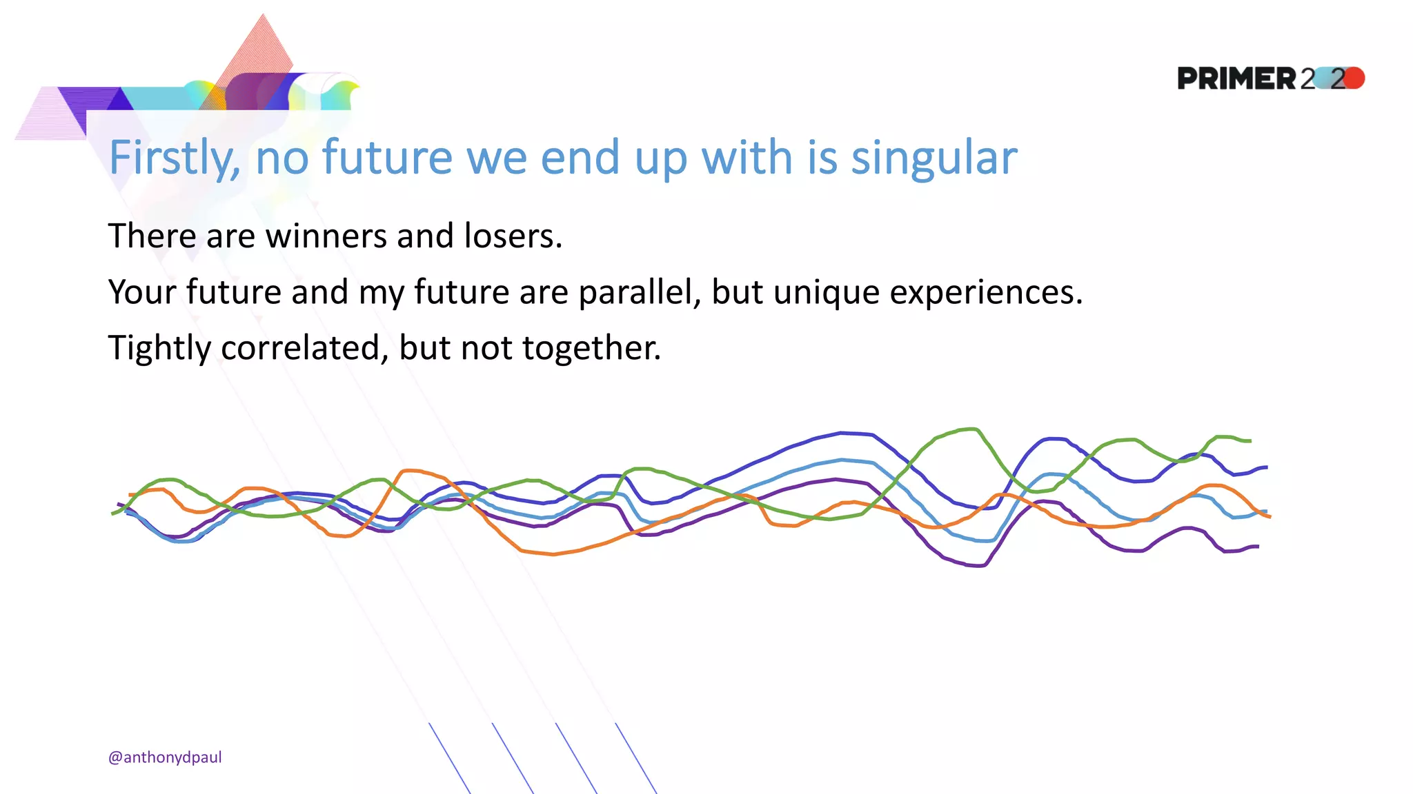 Firstly, no future we end up with is singular
There are winners and losers.
Your future and my future are parallel, but unique experiences.
Tightly correlated, but not together.
@anthonydpaul
 