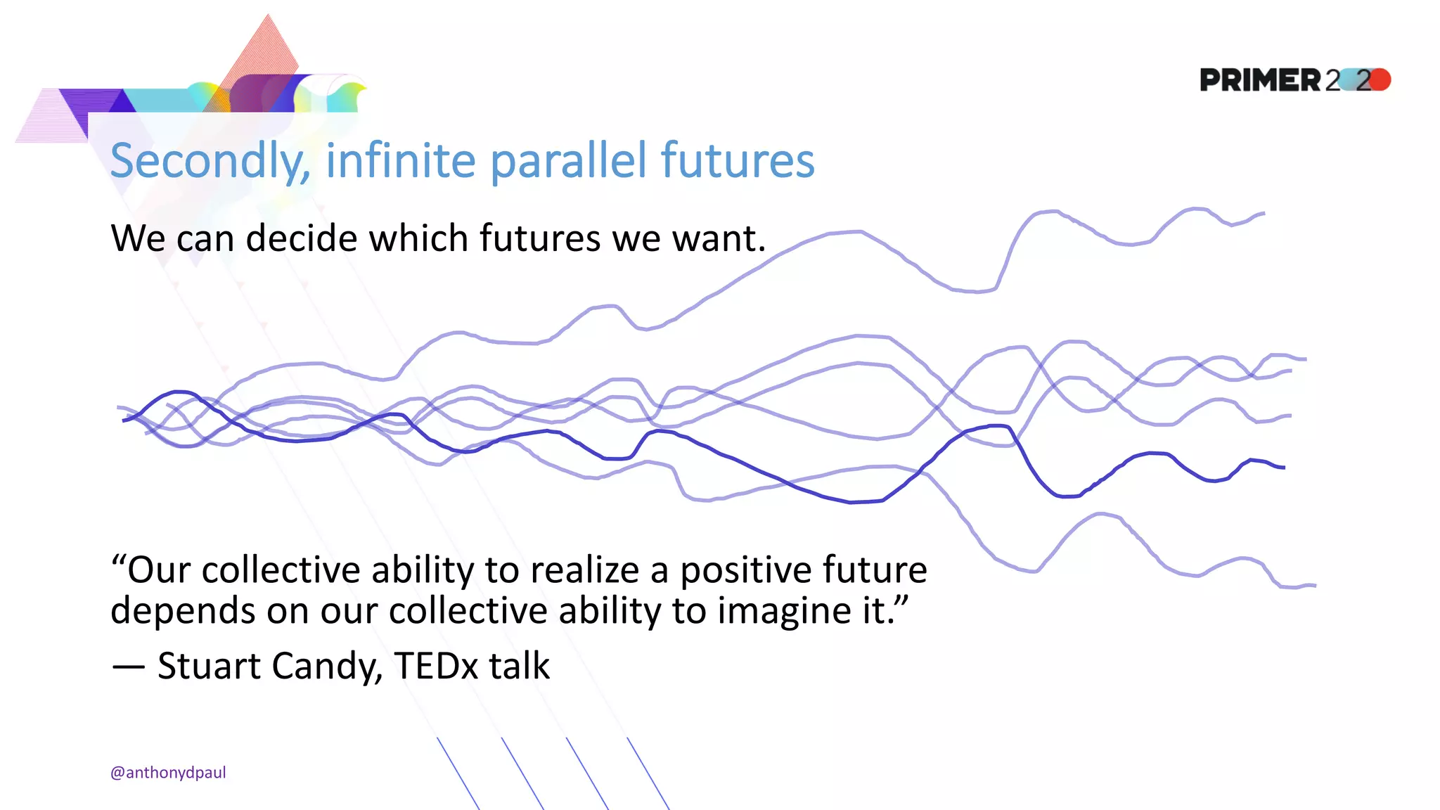 Secondly, infinite parallel futures
We can decide which futures we want.
“Our collective ability to realize a positive future
depends on our collective ability to imagine it.”
— Stuart Candy, TEDx talk
@anthonydpaul
 