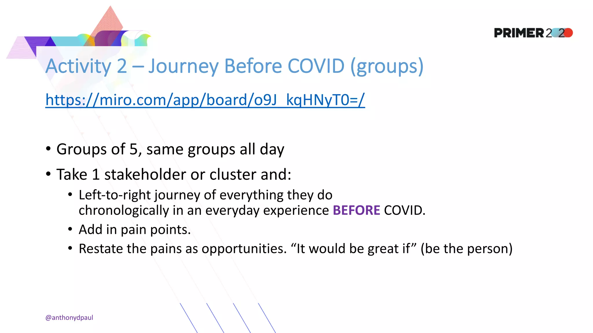 Activity 2 – Journey Before COVID (groups)
https://miro.com/app/board/o9J_kqHNyT0=/
• Groups of 5, same groups all day
• Take 1 stakeholder or cluster and:
• Left-to-right journey of everything they do
chronologically in an everyday experience BEFORE COVID.
• Add in pain points.
• Restate the pains as opportunities. “It would be great if” (be the person)
@anthonydpaul
 
