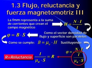 1.3 Flujo, reluctancia y
fuerza magnetomotriz III
 La fmm representa a la suma
                                      N ⋅I
 de corrientes que crean el        H=
 campo magnético                       l
                      Como el vector densidad de
ϕ = B⋅S            flujo y superficie son paralelos

 Como se cumple:   B = µa ⋅ H    Sustituyendo:

                                       N ⋅I
                                    ϕ=
                l                        l
R=Reluctancia
R=Reluctancia        =R
              µa ⋅ S
               a                       µa ⋅ S
                                        a
 