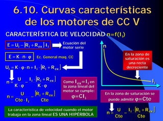 6.10. Curvas características
       de los motores de CC V
CARACTERÍSTICA DE VELOCIDAD n=f(Ii)
 E = Uii − [R ii + R ex ] ⋅Iii
                     ex
                                         Ecuación del
                                         motor serie          n
                                                                         En la zona de
  E = K ⋅n⋅ϕ
           ϕ         Ec. General maq. CC                                 saturación es
                                                                           una recta
Uii = K ⋅ ϕ ⋅ n + Iii ⋅ [R ii + R ex ]
          ϕ                       ex
                                                                          decreciente


       U    I ⋅ [R ii + R ex ]                                                           Iii
n=         − ii           ex             Como Iex=Ii en
      K ⋅ϕ
         ϕ       K ⋅ϕ  ϕ                 la zona lineal del

 n=
        U        [R + R ex ]
                − ii     ex
                                         motor se cumple:
                                             ϕ=CIi
                                                              En la zona de saturación se
      Cte ⋅ Iii      Cte                                          puede admitir ϕ=Cte

 La característica de velocidad cuando el motor                      U   I ⋅ [R ii + R ex ]
 trabaja en la zona lineal ES UNA HIPÉRBOLA                   n=        − ii           ex
                                                                    Cte        Cte
 