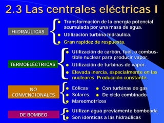 2.3 Las centrales eléctricas I

               {
                  q   Transformación de la energía potencial
                      acumulada por una masa de agua.
 HIDRAÚLICAS
                  q   Utilización turbina hidráulica.




                  {
                  q   Gran rapidez de respuesta.

                      q   Utilización de carbón, fuel, o combus-
                          tible nuclear para producir vapor.
TERMOELÉCTRICAS       q   Utilización de turbinas de vapor.
                      q   Elevada inercia, especialmente en las




                  {
                          nucleares. Producción constante.

       NO             q   Eólicas q Con turbinas de gas
 CONVENCIONALES       q   Solares q De ciclo combinado
                      q   Mareomotrices

   DE BOMBEO      {   q
                      q
                          Utilizan agua previamente bombeada
                          Son idénticas a las hidraúlicas
 