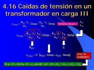 4.16 Caídas de tensión en un
 transformador en carga III
               R ⋅⋅ I
               R     I        X ⋅⋅ I
                              X     I                                   I1n
                                                                        I1n
      ε c (%) = cc 1 ⋅⋅ Cosϕ + cc 1 ⋅⋅ Senϕ
      ε c (%) = cc 1 Cosϕ + cc 1 Senϕ             Multiplicando por:
                                                  Multiplicando por:
                 U1n
                 U1n           U1n
                                U1n                                     I1n
                                                                        I1n


                    R cc ⋅ I1 I1n           X cc ⋅ I1 I1n
          ε c (%) =
          ε c (%)     cc    1 ⋅ 1n ⋅ Cosϕ +
                                        ϕ     cc    1 ⋅ 1n ⋅ Senϕ
                                                                ϕ
                      U1n
                        1n     I1n
                                1n            U1n
                                                1n     I1n
                                                        1n




                     ε RCC
                       RCC                            C
                                                      C

                   ε c (%) = C ⋅ [ε RCC ⋅ Cosϕ + ε XCC ⋅ Senϕ]
                   ε c (%)        εRCC       ϕ ε XCC        ϕ          EFECTO
                                                                       EFECTO
                                                                       FERRANTI
                                                                       FERRANTI

Si ϕ < 0 ⇒ Senϕ < 0 ⇒ ε c puede ser < 0 ⇒ U2 c ' > U1n ⇒ U2 c > U2n
   ϕ< ⇒       ϕ < ⇒ εc              < ⇒ 2 c > 1n ⇒ 2 c > 2n
 