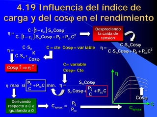 4.19 Influencia del índice de
carga y del cosϕ en el rendimiento
            cosϕ
            C ⋅⋅ [1 − ε c ] ⋅⋅S n Cosϕ
                     − εc n          ϕ              Despreciando
                                                    Despreciando
η=
η=                                                   la caída de
   C ⋅⋅ [1 − ε c ]⋅⋅S n Cosϕ + P0 + Pcc C 2
           − εc n             ϕ + 0 + cc 2
                                                      la caída de
                                                       tensión
                                                        tensión
                                                                    C ⋅⋅S n Cosϕ
                                                                               ϕ
        C ⋅⋅S n         C = cte Cosϕ = var iable      η=
                                                      η=                  n
η=
η=            n
                                                           C ⋅⋅S n Cosϕ + P0 + Pcc C 2
                                                                         ϕ + 0 + cc 2
                K                                                n
   C ⋅⋅S n +
         n+
             Cosϕ ϕ
                                  C= variable
                                  C= variable
Cosϕ ↑ ⇒ η ↑
                                  Cosϕ= Cte
                                  Cosϕ= Cte
                                     ϕ
                                                               η
            P0
             0 + P C mín. η =
                                    S n Cosϕ
                                      n     ϕ
η max si
η              + cc       η=
            C     cc                     P0
                              S n Cosϕ + 0 + Pcc C
                                n    ϕ+      + cc
                                                C
                                                                              ϕ
                                                                           Cosϕ
                                                                              ϕ
   Derivando
   Derivando                           P0
                           C ηmax =                                                 C
                             ηmax =
respecto a C e
respecto a C e                           0
                                       Pcc                             Cηmax
                                                                        ηmax
igualando a 0
 igualando a 0                          cc
 