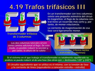 4.19 Trafos trifásicos III
                                        En un transformador con tres columnas
ϕ1            ϕ2           ϕ3           existe una pequeña asimetría del circui-
                                                                           circui-
                                        to magnético: el flujo de la columna cen-
                                                                              cen-
                                        tral tiene un recorrido más corto y, por
                                        tanto, de menor reluctancia.
                                        La corriente de magnetización de esa
                                        fase será ligeramente menor.
  Transformador trifásico
      de 3 columnas
                                                    ϕ1       ϕ2        ϕ3

     Las dos columnas laterales sirven
   como camino adicional al flujo. De este
    modo, es posible reducir la sección y,
      por tanto, la altura de la culata         Transformador trifásico núcleo
                                                   acorazado (5 columnas)

  Si el sistema en el que trabaja el transformador es totalmente equilibrado su
análisis se puede reducir al de una fase (las otras son = desfasadas 120º y 240º)

  El circuito equivalente que se utiliza es el mismo, con la tensión de fase
      y la corriente de línea (equivalente a conexión estrella – estrella)
 