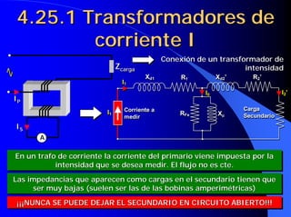 4.25.1 Transformadores de
        corriente I
                                              Conexión de un transformador de
                              Zcarga                                intensidad
                                       Xd1         R1         Xd2’      R2’
                                I1
                                                         I0                       I 2’
IP
                                Corriente a                          Carga
                         I1                       RFe         Xµ
                                                               µ
                                medir                                Secundario
IS
      A

En un trafo de corriente la corriente del primario viene impuesta por la
En un trafo de corriente la corriente del primario viene impuesta por la
           intensidad que se desea medir. El flujo no es cte.
            intensidad que se desea medir. El flujo no es cte.
Las impedancias que aparecen como cargas en el secundario tienen que
Las impedancias que aparecen como cargas en el secundario tienen que
     ser muy bajas (suelen ser las de las bobinas amperimétricas)
      ser muy bajas (suelen ser las de las bobinas amperimétricas)
¡¡¡NUNCA SE PUEDE DEJAR EL SECUNDARIO EN CIRCUITO ABIERTO!!!
¡¡¡NUNCA SE PUEDE DEJAR EL SECUNDARIO EN CIRCUITO ABIERTO!!!
 
