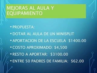 MEJORAS AL AULA Y
EQUIPAMIENTO
• PROPUESTA:
• DOTAR AL AULA DE UN MINISPLIT
• APORTACION DE LA ESCUELA $1400.00
• COSTO APROXIMADO: $4,500
• RESTO A APORTAR: $3100.00
• ENTRE 50 PADRES DE FAMILIA: $62.00
 