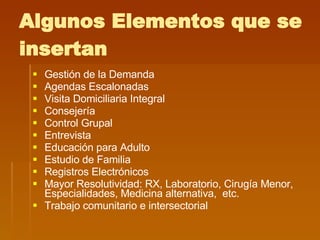 Algunos Elementos que se insertan Gestión de la Demanda Agendas Escalonadas  Visita Domiciliaria Integral Consejería Control Grupal Entrevista Educación para Adulto Estudio de Familia Registros Electrónicos Mayor Resolutividad: RX, Laboratorio, Cirugía Menor, Especialidades, Medicina alternativa,  etc. Trabajo comunitario e intersectorial 