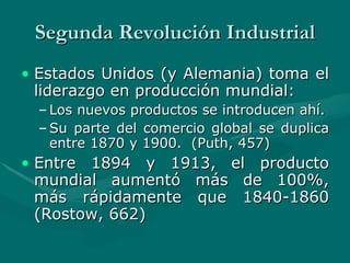 Segunda Revolución Industrial Estados Unidos (y Alemania) toma el liderazgo en producción mundial: Los nuevos productos se introducen ahí. Su parte del comercio global se duplica entre 1870 y 1900.  (Puth, 457) Entre 1894 y 1913, el producto mundial aumentó más de 100%, más rápidamente que 1840-1860 (Rostow, 662)  