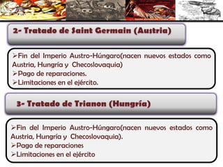 Fin del Imperio Austro-Húngaro(nacen nuevos estados como
Austria, Hungría y Checoslovaquia)
Pago de reparaciones.
Limitaciones en el ejército.
Fin del Imperio Austro-Húngaro(nacen nuevos estados como
Austria, Hungría y Checoslovaquia).
Pago de reparaciones
Limitaciones en el ejército
 