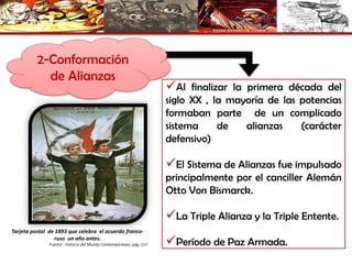 2-Conformación
de Alianzas
Al finalizar la primera década del
siglo XX , la mayoría de las potencias
formaban parte de un complicado
sistema de alianzas (carácter
defensivo)
El Sistema de Alianzas fue impulsado
principalmente por el canciller Alemán
Otto Von Bismarck.
La Triple Alianza y la Triple Entente.
Período de Paz Armada.
Tarjeta postal de 1893 que celebra el acuerdo franco-
ruso un año antes.
Fuente : Historia del Mundo Contemporáneo, pág. 117
 