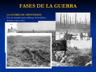 FASES DE LA GUERRA LA GUERRA DE TRINCHERAS Fue un martirio para millones de hombres durante varios años. 