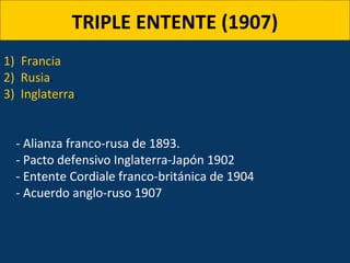 TRIPLE ENTENTE (1907)
1) Francia
2) Rusia.
3) Inglaterra.
- Alianza franco-rusa de 1893.
- Pacto defensivo Inglaterra-Japón 1902
- Entente Cordiale franco-británica de 1904
- Acuerdo anglo-ruso 1907
 