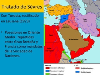 Tratado de Sèvres
Con Turquía, rectificado
en Lausana (1923)
• Posesiones en Oriente
Medio repartidas
entre Gran Bretaña y
Francia como mandatos
de la Sociedad de
Naciones.
 