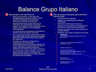 Balance Grupo Italiano Aprendizajes más significativos Este grupo presenta un alto grado de homogeneidad productiva, ( casi un 100% Rosas )sin embargo se advierte gran diferencia de tamaño de empresas  Aparentemente están todos claros en la motivación de comercializar al mercado italiano, sin embargo no hay claridad en como traducir este objetivo en una estrategia comercial clara  Las motivaciones estratégicas individuales no aparecen del todo claras y comunes. Es un grupo que ha sido conformado en base a la oportunidad que les presenta el programa BID y está recién en los inicios del procesos de integración. Perciben que tienen la ventaja de las experiencias  de otros grupos comercializadores como el grupo Alemán y el Grupo Ingles que los hacen creer que son un grupo que puede superar barreras de integración de manera más rápida y eficiente.- Su coordinador Cristian Castillo y el grupo de apoyo aparece como una ventaja en la operación para planificar con mayor precisión las tareas más inmediatas.-  Plan de tareas inmediatas para identificar línea de base: Caracterizar las empresas  Indagar sus capacidades estratégicas individuales  Identificar los liderazgos proactivos. Avanzar en el proceso de consolidación de confianzas y conocimientos recíprocos. Precisar su interés comerciales respecto al mercado italiano Identificar otras ideas de negocios comunes EMPRESAS AGROSERVICIOS ANDINOS CAMACHO CÍA. LTDA BELLA ROSA BIOTECNOLOGIA VEGETAL BIOVEGET S.A. CULTIVOS PREMIUM S.A. CULVAR SAN AGUSTIN FLOWERS  ECUANROS, ECUADORIAN NEW ROSES S. A EMIHANA CÍA. LTDA..-   FIORENTINA FLOWERS S.A. FIORENTINA FLOWERS S.A.  FLORES TOACASO S. A FLORESPA CIA. LTDA. FLOWERVILLAGE CÍA. LTDA GALAPAGOS FLORES GOLDEN FARMS CIA. LTDA. GREEN PARADISE CIA. LTDA. HACIENDA SANTA FE FESAHA CÍA. LTDA MILIFARMS CIA. LTDA. MOONCOLORS S.A. NATUFLOR S. A NEVADO ECUADOR S. A ROSAPRIMA CIA. LTDA. ROSESUCCESS CÍA. LTDA TAMBOROSES S. A TURIS AGRO NELPO S.A. 