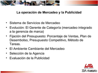 La operación de Mercadeo y la Publicidad Sistema de Servicios de Mercadeo Evolución: El Gerente de Categoría (mercadeo integrado a la gerencia de marca) Fijación del Presupuesto: Porcentaje de Ventas, Plan de Desembolso, Presupuesto Competitivo, Método de Tareas. El Ambiente Cambiante del Mercadeo Selección de la Agencia Evaluación de la Publicidad 30 Aniversario 