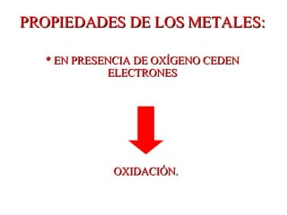 PROPIEDADES DE LOS METALES: * EN PRESENCIA DE OXÍGENO CEDEN ELECTRONES OXIDACIÓN. 
