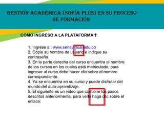 COMO INGRESO A LA PLATAFORMA ?
gestión aCadémiCa (sofía plus) en su proCeso
de formaCión
1. Ingrese a : www.senavirtual.edu.co
2. Copie su nombre de usuario e indique su
contraseña.
3. En la parte derecha del curso encuentra el nombre
de los cursos en los cuales está matriculado, para
ingresar al curso debe hacer clic sobre el nombre
correspondiente.
4. Ya se encuentra en su curso y puede disfrutar del
mundo del auto-aprendizaje.
5. El siguiente es un video que contiene los pasos
descritos anteriormente, para verlo haga clic sobre el
enlace:
 