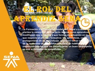 El rol dEl
AprEndiz SEnA
La Formación Profesional en modalidad virtual o a distancia
plantea la necesidad de que tanto tutores como aprendices
modifiquen sus actitudes y sus formas de actuación en lo
que respecta al proceso formativo; los aprendices, como
protagonistas de su aprendizaje, requieren tomar conciencia
de la necesidad de desarrollar una serie de habilidades y
responsabilidades que les permita tener un buen desempeño
en sus actividades de aprendizaje
 