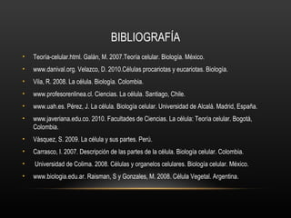 BIBLIOGRAFÍA
•   Teoría-celular.html. Galán, M. 2007.Teoría celular. Biología. México.
•   www.danival.org. Velazco, D. 2010.Células procariotas y eucariotas. Biología.
•   Vila, R. 2008. La célula. Biología. Colombia.
•   www.profesorenlinea.cl. Ciencias. La célula. Santiago, Chile.
•   www.uah.es. Pérez, J. La célula. Biología celular. Universidad de Alcalá. Madrid, España.
•   www.javeriana.edu.co. 2010. Facultades de Ciencias. La célula: Teoría celular. Bogotá,
    Colombia.
•   Vásquez, S. 2009. La célula y sus partes. Perú.
•   Carrasco, I. 2007. Descripción de las partes de la célula. Biología celular. Colombia.
•   Universidad de Colima. 2008. Células y organelos celulares. Biología celular. México.
•   www.biologia.edu.ar. Raisman, S y Gonzales, M. 2008. Célula Vegetal. Argentina.
 