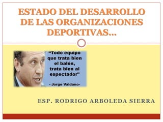 ESTADO DEL DESARROLLO
DE LAS ORGANIZACIONES
     DEPORTIVAS…




   ESP. RODRIGO ARBOLEDA SIERRA
 