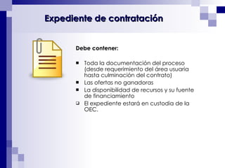 Debe contener: Toda la documentación del proceso (desde requerimiento del área usuaria hasta culminación del contrato)  Las ofertas no ganadoras  La disponibilidad de recursos y su fuente de financiamiento El expediente estará en custodia de la OEC.  Expediente de contratación 