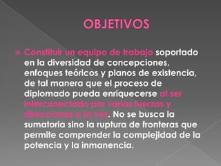 OBJETIVOSConstituir un equipo de trabajo soportado en la diversidad de concepciones, enfoques teóricos y planos de existencia, de tal manera que el proceso de diplomado pueda enriquecerse al ser interconectado por varias fuerzas y direcciones a la vez. No se busca la sumatoria sino la ruptura de fronteras que permite comprender la complejidad de la potencia y la inmanencia.  PRODUCTOS INVESTIGATIVOSCada institución debe presentar una propuesta, dirigida a jóvenes, que pueda ser implementada en un proceso siguienteCada docente debe llevar un diario de cada sesión, donde va anotando sus impresionesLos Asistentes de la investigación llevaran un registro visual y anotaciones sobre el proceso 