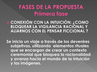 SENSIBILIZANDO LA CAPACIDAD DE ACTUACIÓN, DE DEVENIR, DE MOVERSE. ES UN COMPONENTE FUERTEMENTE  ESTÉTICO Y ÉTICO QUE TIENE QUE VER CON :LA APERTURA, EL ENCUENTRO Y LA CONEXIÓNLA DESPERSONALIZACIÓNLA ACTITUD DE RESPETO POR LA VIDA QUE TRANSCURRE EN EL PRESENTEEL  OLVIDO Y EL ASOMBRO DEL ETERNO RETORNOLA HUMILDAD Y EL TARTAMUDEO 