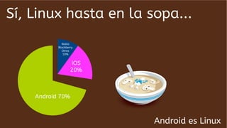 Sí, Linux hasta en la sopa...
Nokia
Blackberry
Otros
10%

iOS
20%

Android 70%

Android es Linux

 