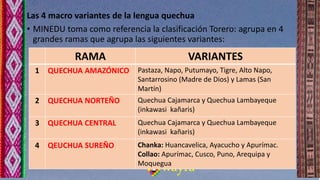 Las 4 macro variantes de la lengua quechua
• MINEDU toma como referencia la clasificación Torero: agrupa en 4
grandes rama...