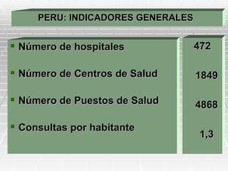 PERU: INDICADORES GENERALES


 Número de hospitales             472

 Número de Centros de Salud       1849

 Número de Puestos de Salud       4868

 Consultas por habitante
                                   1,3
 