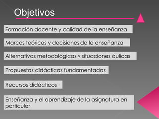 Recursos didácticos Objetivos Formación docente y calidad de la enseñanza Marcos teóricos y decisiones de la enseñanza Alternativas metodológicas y situaciones áulicas Enseñanza y el aprendizaje de la asignatura en particular Propuestas didácticas fundamentadas