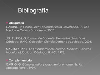 Obligatoria CARLINO, P. Escribir, leer y aprender en la universidad . Bs. AS.: Fondo de Cultura Económica, 2007. JER, E.; RIOS, G. Formación Docente. Elementos didácticos. Córdoba: U.N.C. Colección Ciencia Derecho y Sociedad, 2003. MARTÍNEZ PAZ, F. La Enseñanza del Derecho. Modelos Jurídicos. Modelos didácticos. Córdoba: U.N.C., 1996. Complementaria CARRIÓ, G. Cómo estudiar y argumentar un caso. Bs. As.: Abeledo Perrot., 1999. Bibliografía