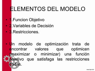 ELEMENTOS DEL MODELO
• 1.Funcion Objetivo
• 2.Variables de Decisión
• 3.Restricciones.
• Un modelo de optimización trata de
encontrar valores que optimicen
(maximizar o minimizar) una función
objetivo que satisfaga las restricciones
dadas.
 